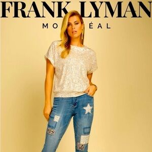 FRANK LYMAN PREMIUM HIGH WAISTED SLIM LEG BLUE JEANS WITH SEQUIN PATCHES (NWT)